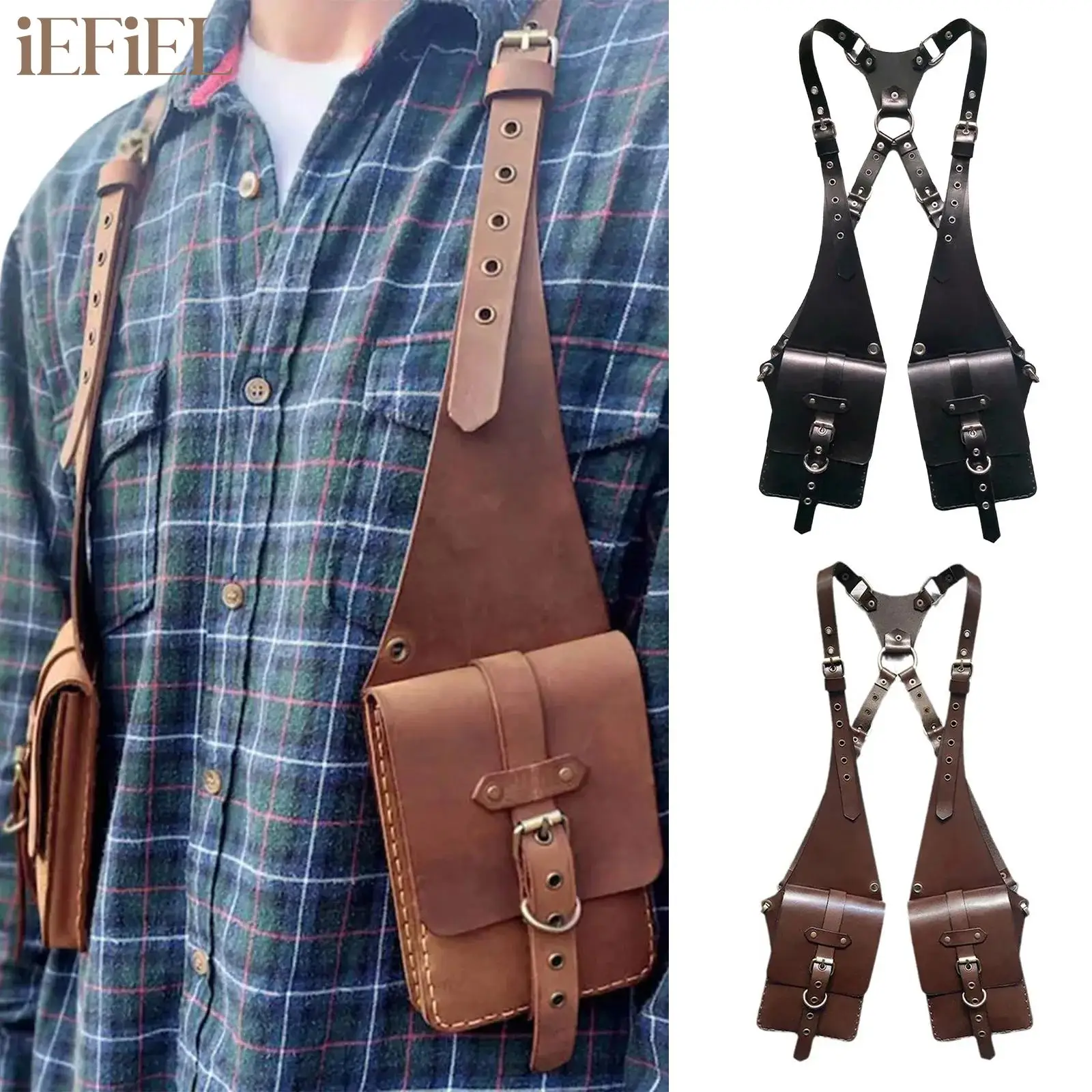 

Men Medieval Steampunk Leather Shoulder Holster Bag Vintage Phone Wallet Pocket Festival Travel Vest Purse Viking Pirate Costume