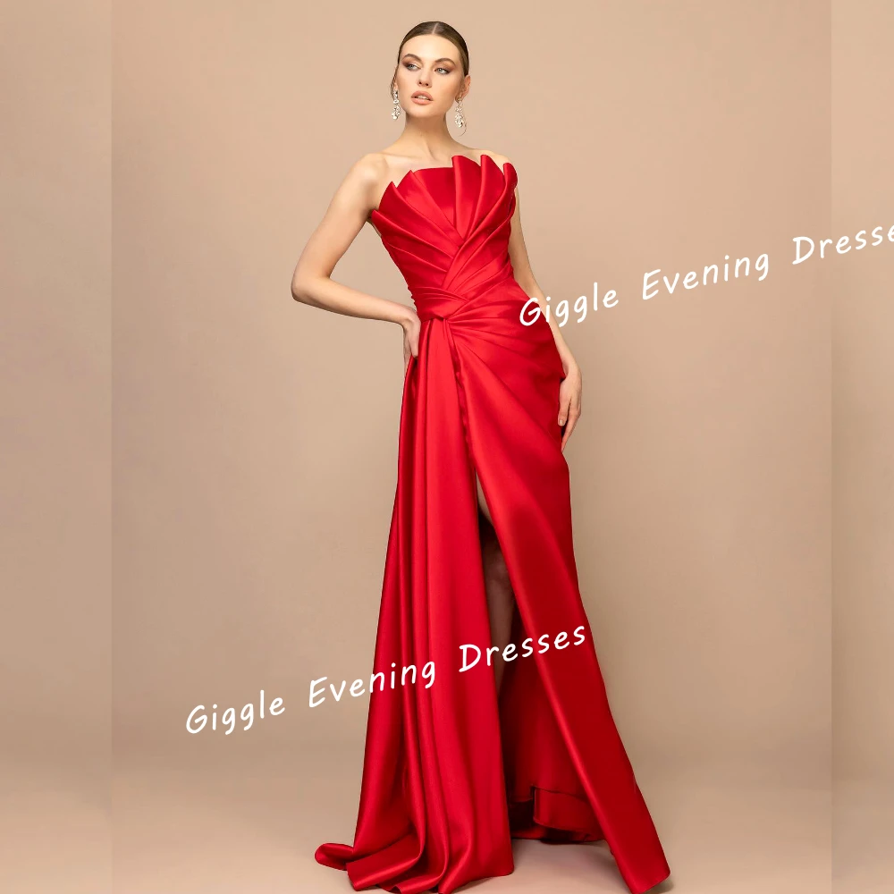 Giggle Satin Strapless Pleating A-Line Elegance Prom Gown Saudi Arab Slit Floor-Length Evening Party Dresses for Women 2024