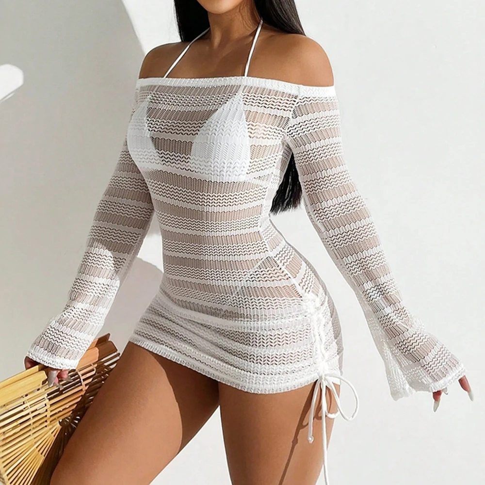 

Cover Up Summer Sexy Shirring Eyelet Embroidery Long Sleeve Off Shoulder Mini Beach Cover Up For Women