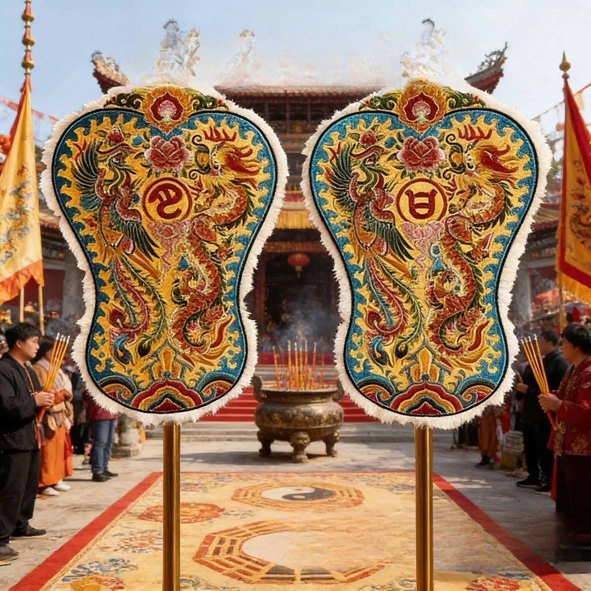 Pan satin embroidery drying umbrella sun and moon umbrella with rod exquisite craft umbrella household Buddha case decoration