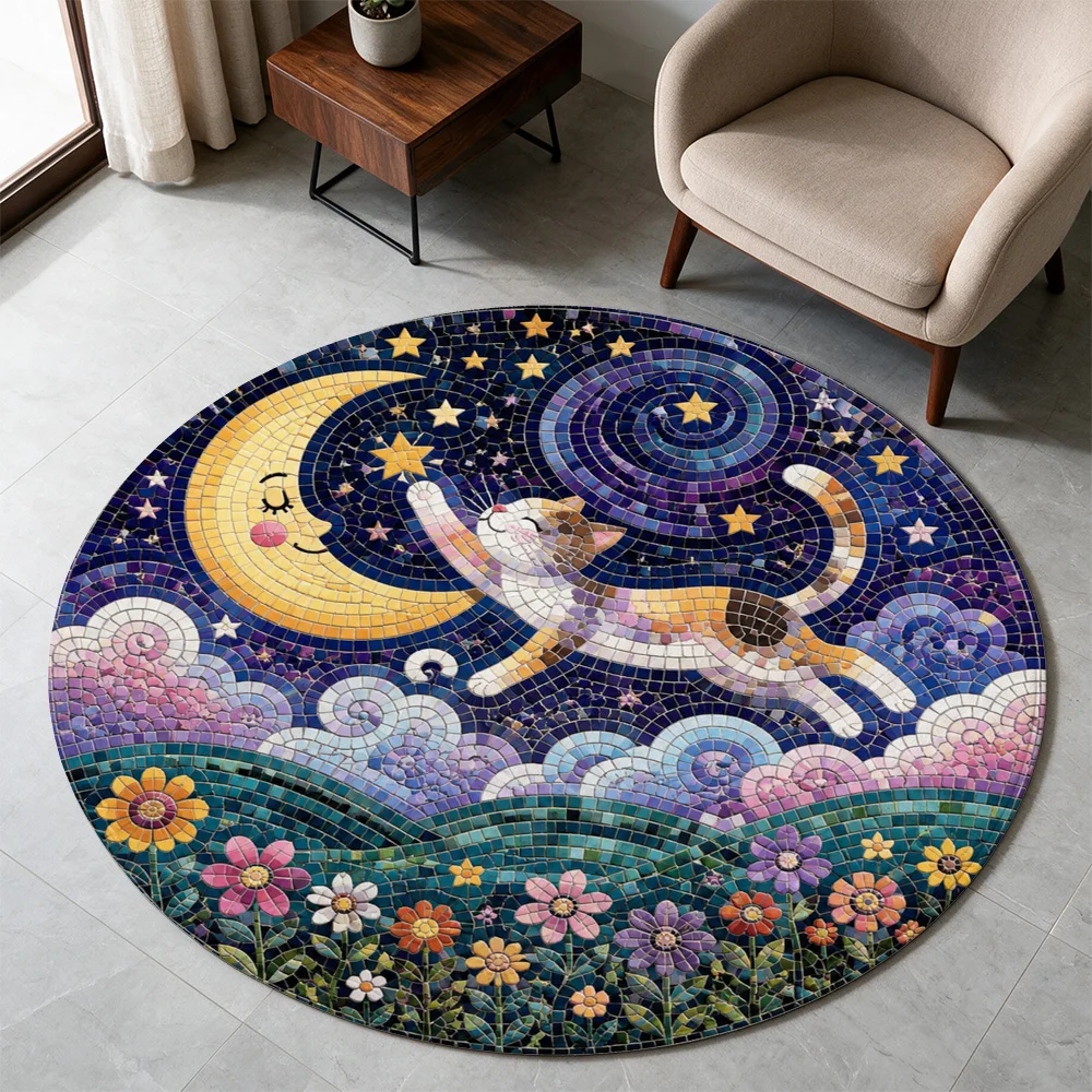 Cute Cat Under Crescent Moon Galaxy Mosaic Area Rug for Living Room Nursery Boho Pet Mat