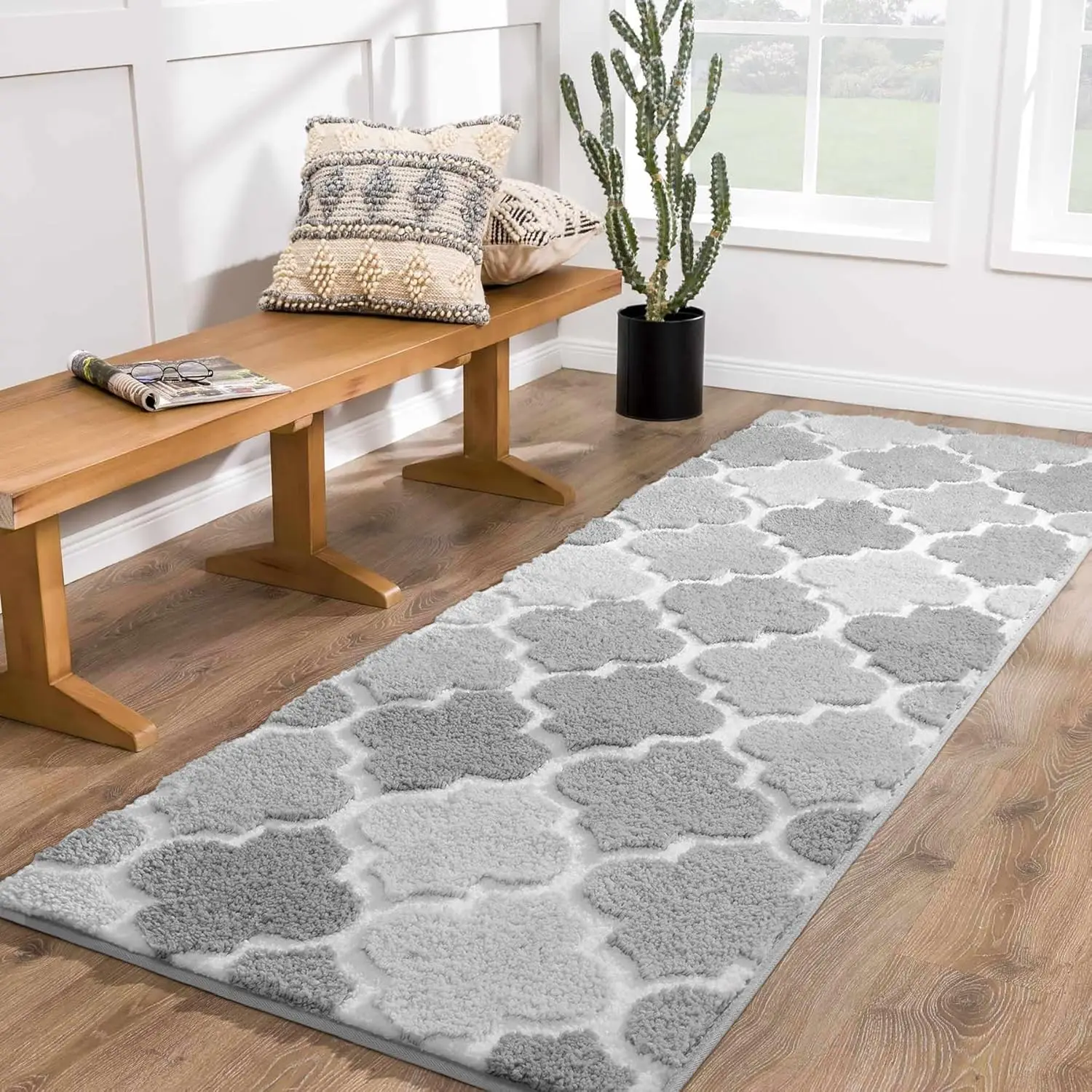 

Checkered Shaggy Bath Rug Runner 24x60 - Non-Slip Absorbent Machine Washable Quick Dry Carpet for Tub Shower, Home Decor, Gray
