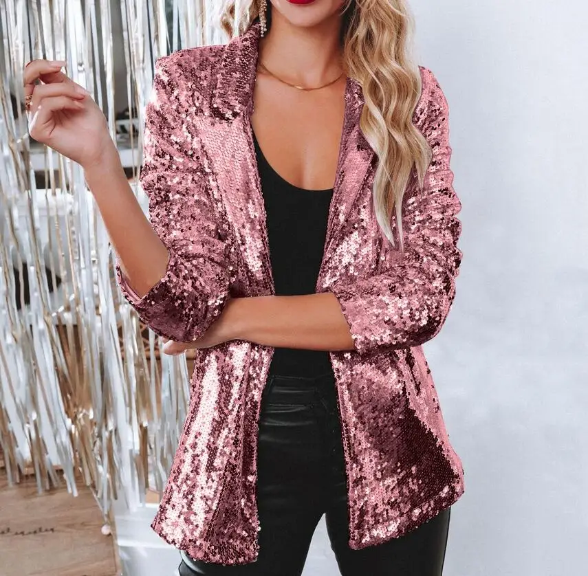 New Fashion Long Sleeve Turn-down Collar Solid Color Slim Fit Sequin Suit Jacket For Women,10 Colors