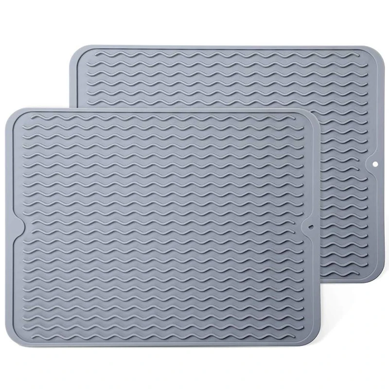 New-Silicone Dish Drying Mat For Kitchen Counter, 2-Pack Fast Drying Pad, Non-Slip Dish Drainer Mat, Heat Resistant Trivet, Dish