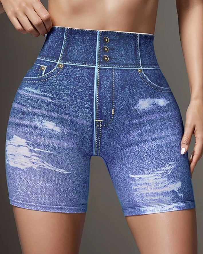 Women's Casual Denim Look Print High Waist Active Shorts Female Daily Clothes New Fashion Women Skinny Sporty Yoga Short Pants