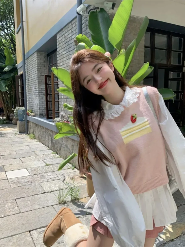 

Милый вязаный жилет для женщин, японский Y2k, облегающий короткий пуловер без рукавов с круглым вырезом, осень 2022, модный свитер с перекрытием