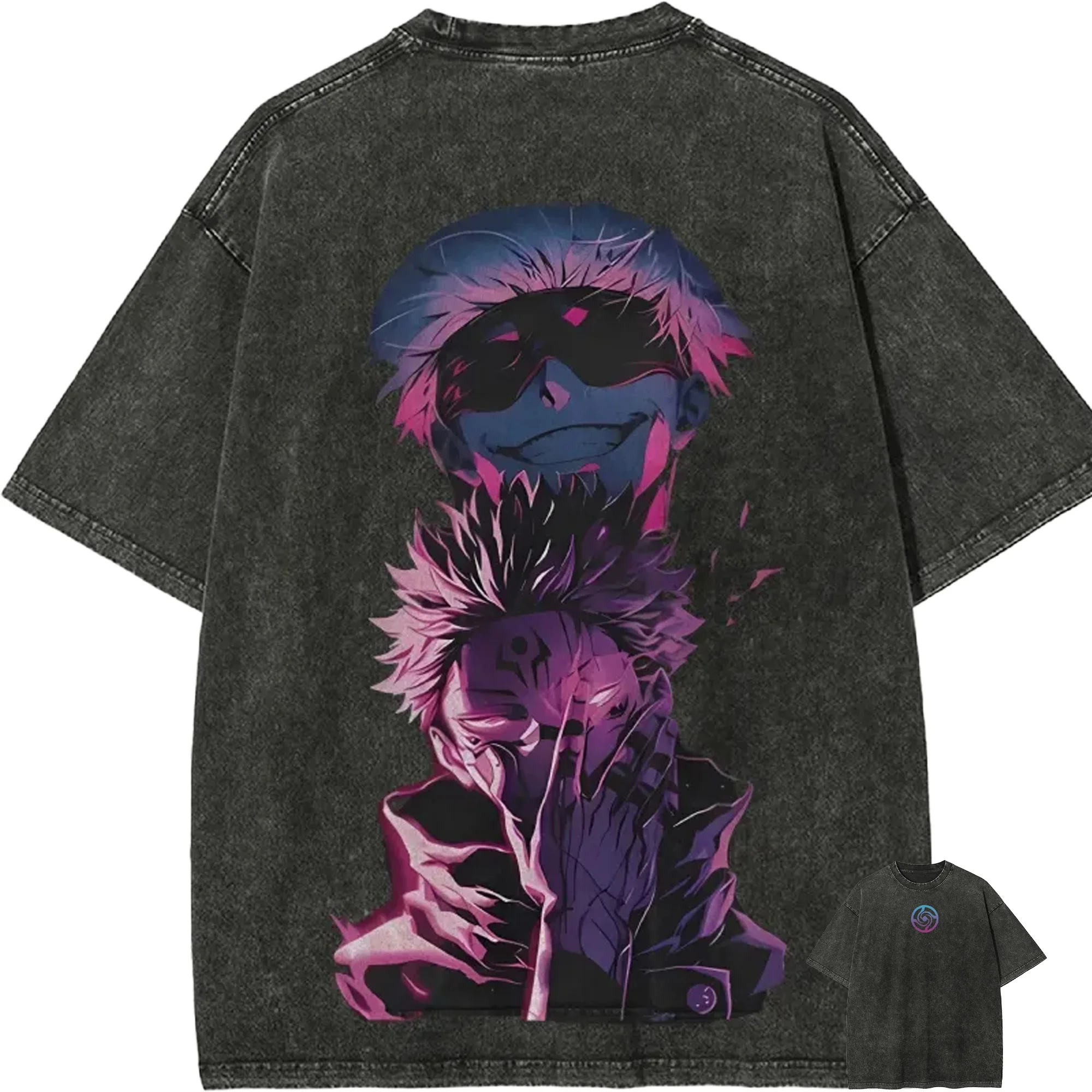 Gojo und Sukuna T-Shirt Jujutsu Kaisen Anime Herren Neon Grafik-T-Shirts Vintage Acid Wash Übergroße Baumwoll-Streetwear Männer-Oberteile 2026