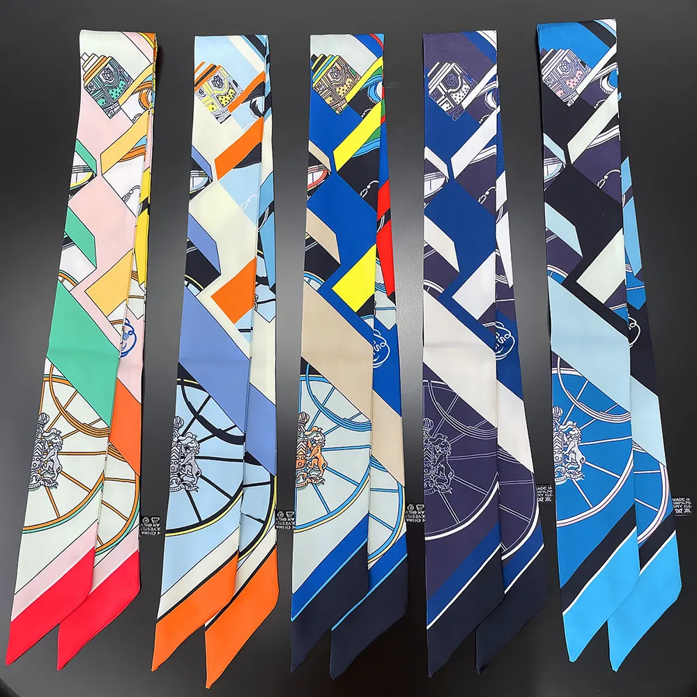 2024 Design Wheel Print Women Luxury Silk Scarf Fashion Hair Headband Foulard Skinny Bag Scarves Neckerchief Female Bow Ties