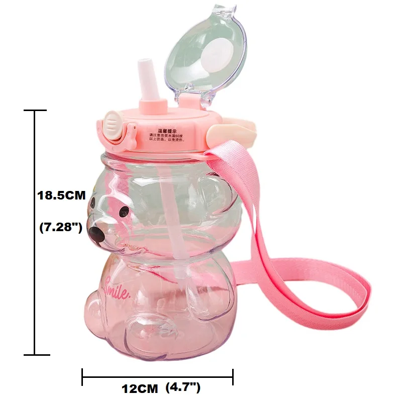 1000ml Bear Kawaii Water Bottle with Straw and Strap, Cute Water Bottles for Kids, Portable Leakproof BPA-free Drinking Cups