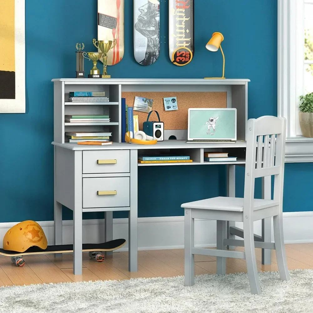 Kids Study Desk, Hutch and Chair - Gray: Kids Wooden Computer with Storage Shelves, Corkboard, and Drawers, Kid Study Desk Set