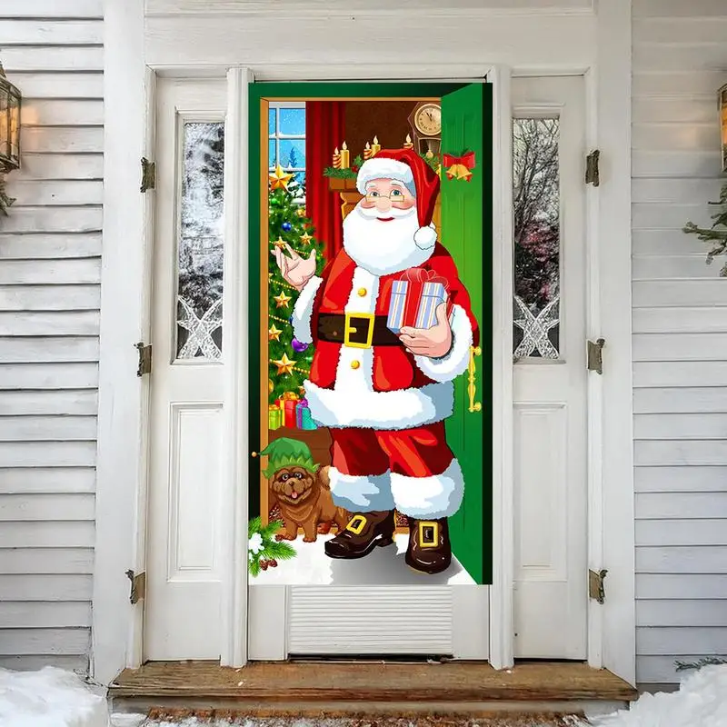 Christmas Door Banner Santa Claus Front Door Banner 185x90cm Christmas Santa Background Banner Outdoor Decorations