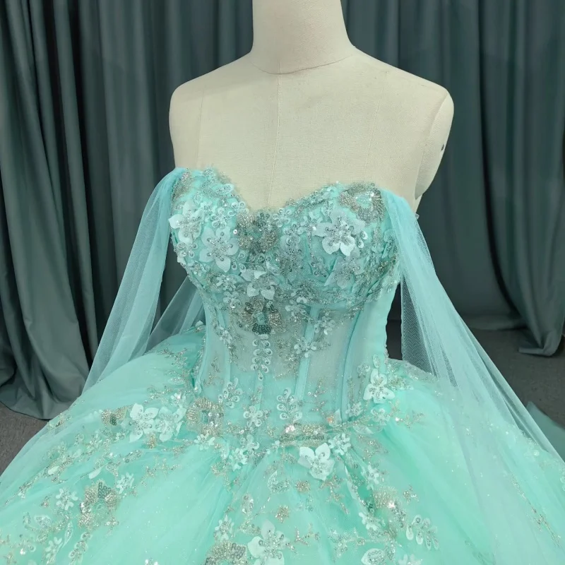 

Customized turquoise Quinceanera Dresses Off the Shoulder sequin applique 3D flower Lace Long tail Vestido 15 Quinceanera