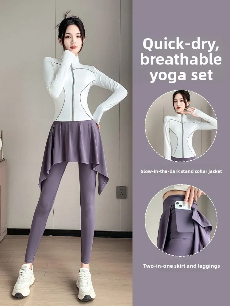 

Women's Running Sport Set Pilates Training Yoga Clothes High-End Fitn Top Coat Skirt Pants Long Sve Zipper Closure
