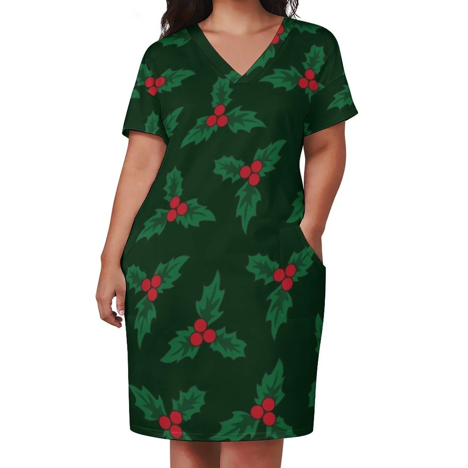 Christmas Holly Pattern Loose Pocket Dress dress summer women