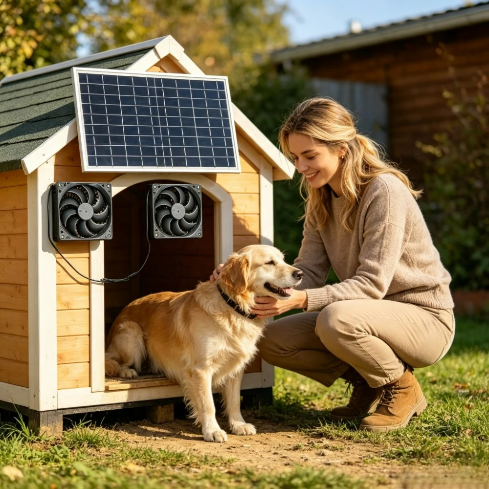 Solar 10W Outdoor Dual Exhaust Fan Vent Cooling Ventilation System for Chicken Coop Dog House Pet Kennel Greenhouse Storage