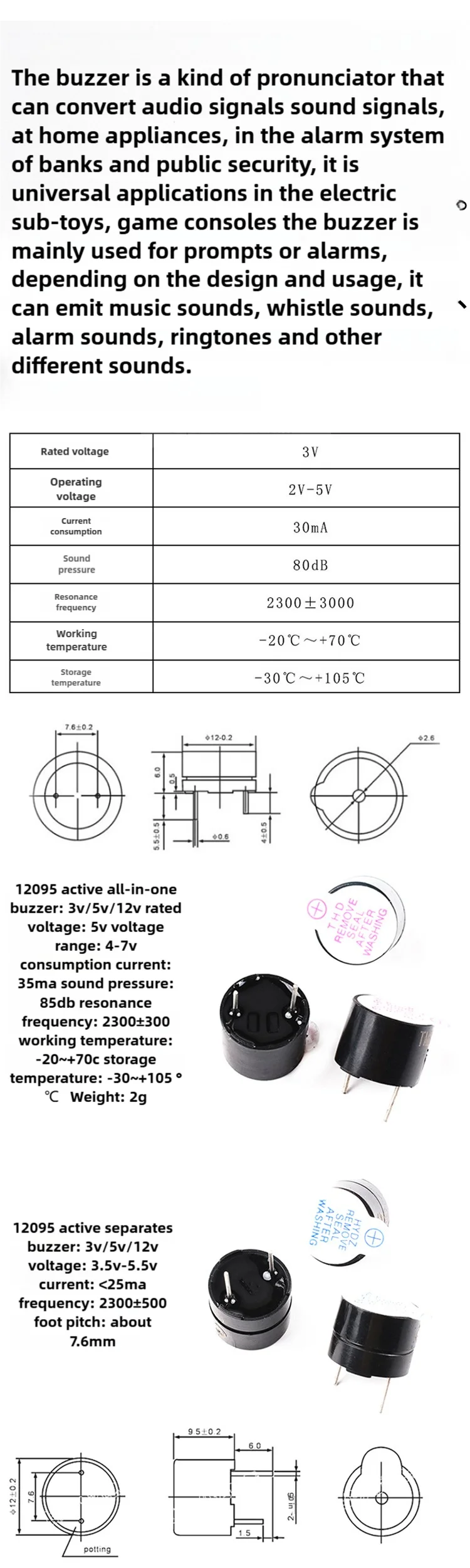 Snvi 5 Stück Aktiver Buzzer 3V 5V 12V Magnetischer Dauerton TMB12A03 TMB12A05 TMB12A12 12×9,5mm Mini-Alarmlautsprecher 12095 – Detail 1
