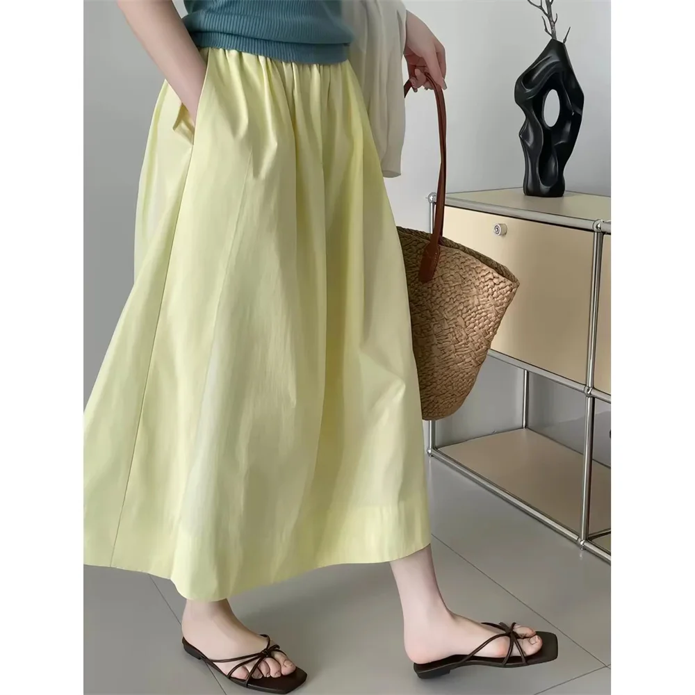 Saia Feminina Casual Solta Versão Coreana de Algodão e Linho de Alta Qualidade, Modelo Evasê, Cor Sólida, Estilo Commuter, Tamanhos Grandes, para o Verão