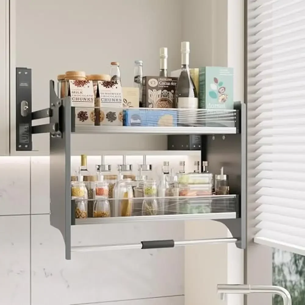 Pull Down Shelf Kitchen Organizer Heavy Duty 2 Tier Tall Cabinets Space Saving & Durable Steel Cabinet Organizer Adjustable Load