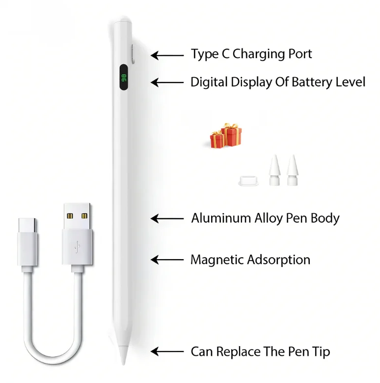 Stylus-Stift für Apple Pencil mit LED-Leistungsanzeige und Handballenerkennung für iPad von 2018 bis 2025