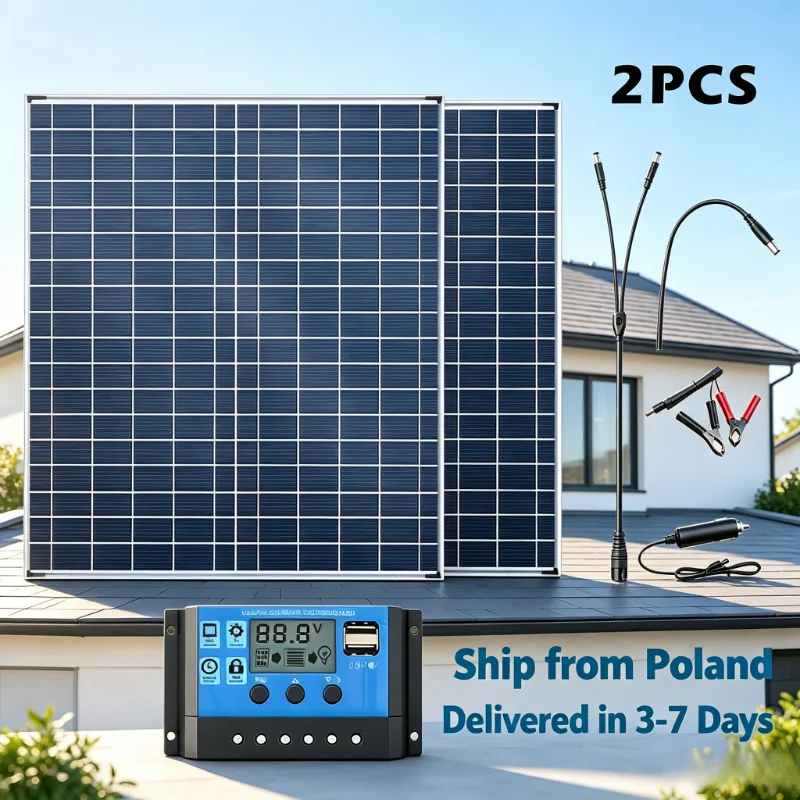 Wysyłka z Polski: Zestaw 2 paneli słonecznych z kontrolerem 100A, kompletny zestaw zasilania solarnego do domu, kampera, kempingu, szybka dostawa w 3-7 dni.