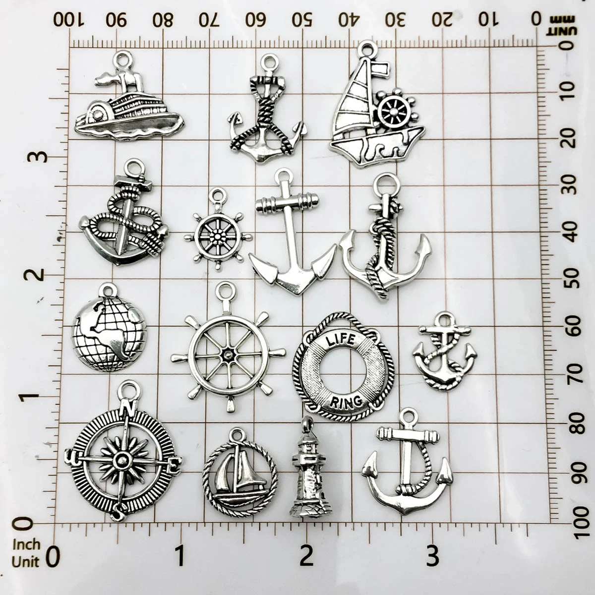 15Pcs Antique Silvery Anchor Rudder Boat Charms Compass Navigation Pendants For DIY Bracelet Supplies Jewelry Making Accessories