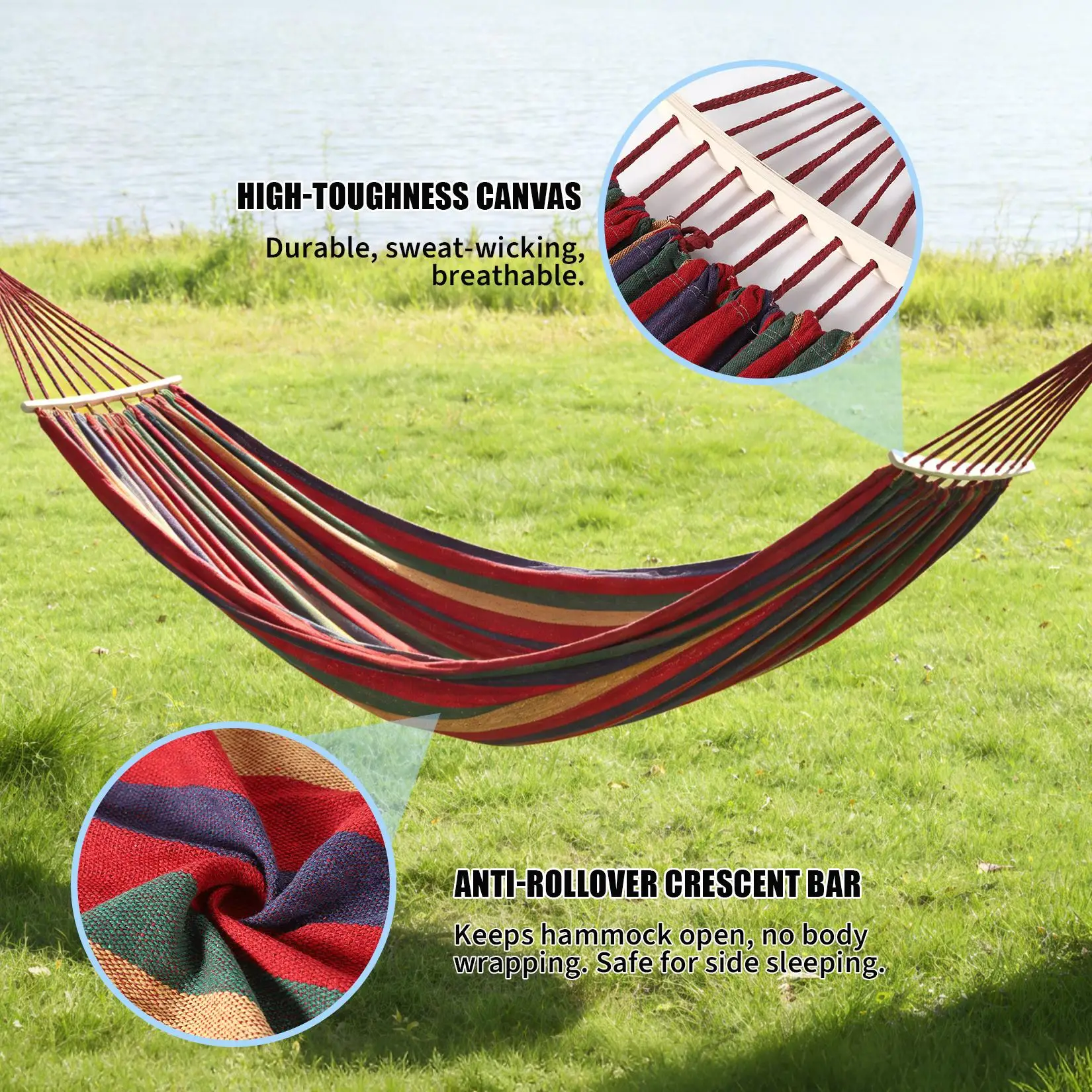 Extra Large 2 Person Double Canvas Hammock with Wood Spreader Bar Heavy Duty 500 LBS Portable Outdoor Camping Hammock with Tree Ropes & Carry Bag 129.9x59.1 Inch Swing Bed for Backyard Patio Garden Travel