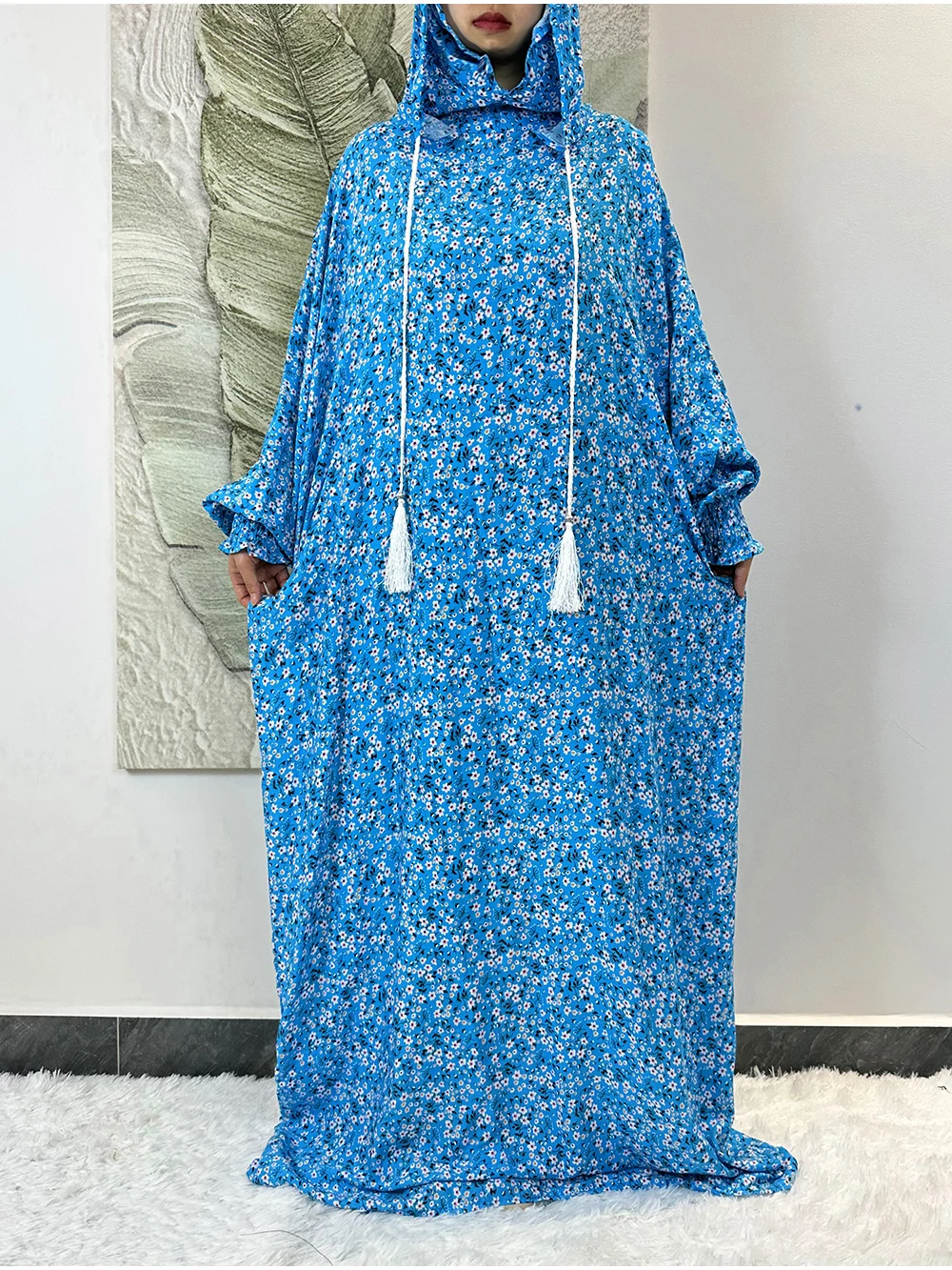 2024 New Ramadan Muslim Two Hats Abaya Dubai Turkey Islam Prayer Clothes Floral Cotton Fabric Dresses Islam Women Dress Kaftan