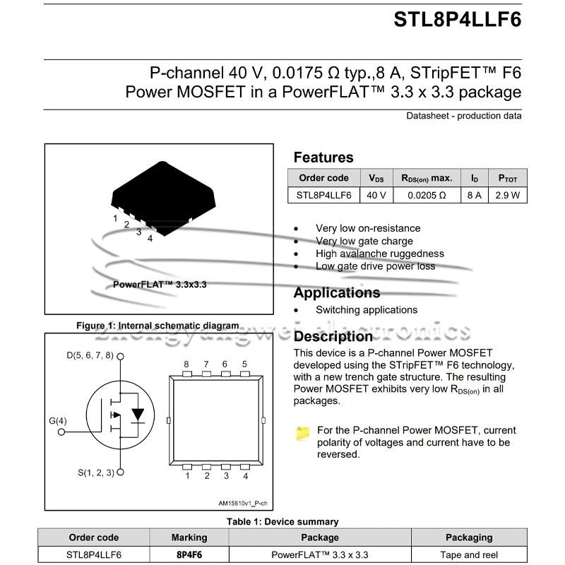 2PCS STL8P4LLF6 PowerFLAT (3.3x3.3) 8P4F6 1 P-Channel 40v Power transistor MOSFET