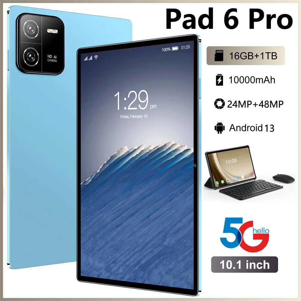 Novo Tablet Pad 6 Pro com Tela de 10,1 Polegadas, Bateria de 10000mAh, Versão Global 4G 5G Dual SIM, 16GB+1TB, Tablets para Crianças com Android 13
