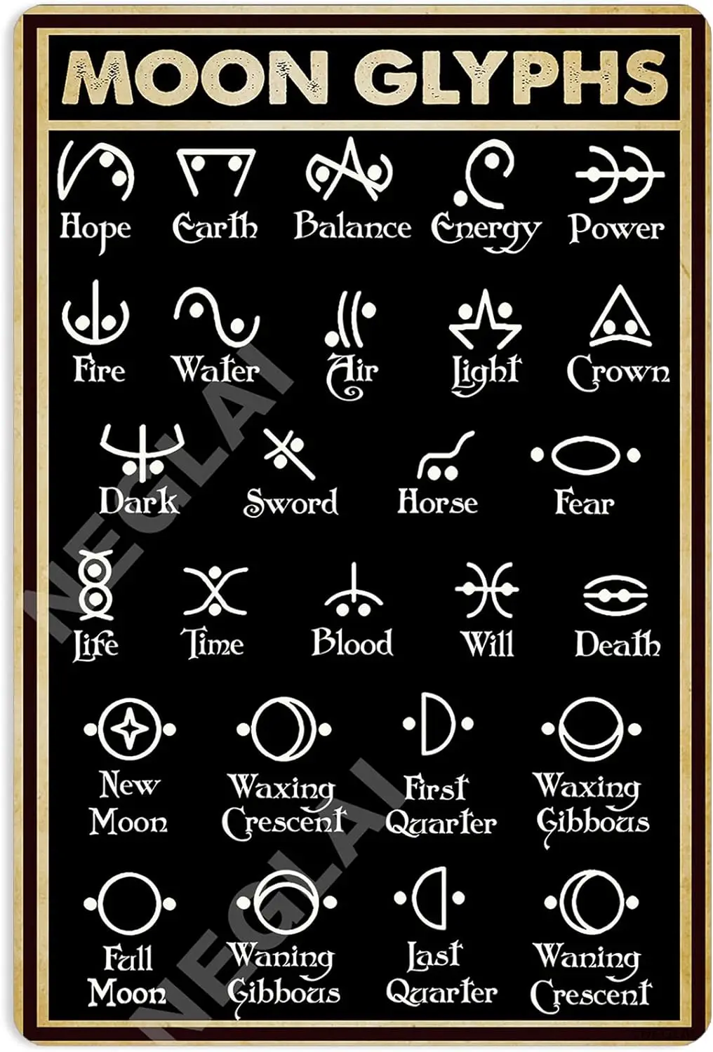 Retro Moon Glyphs Knowledge Metal Signs Poster, Vintage Decorations Wall Art Decor 8x12 Inches