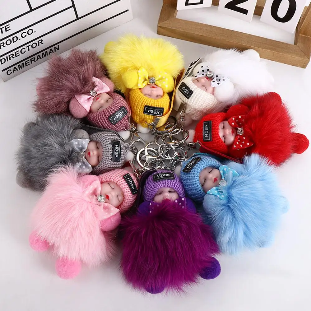 Decoration Bag Pendant For Girls Cars Key Ring Backpack Pompom Keyring Sleeping Baby Doll Fluffy Plush Doll Plush Keychain
