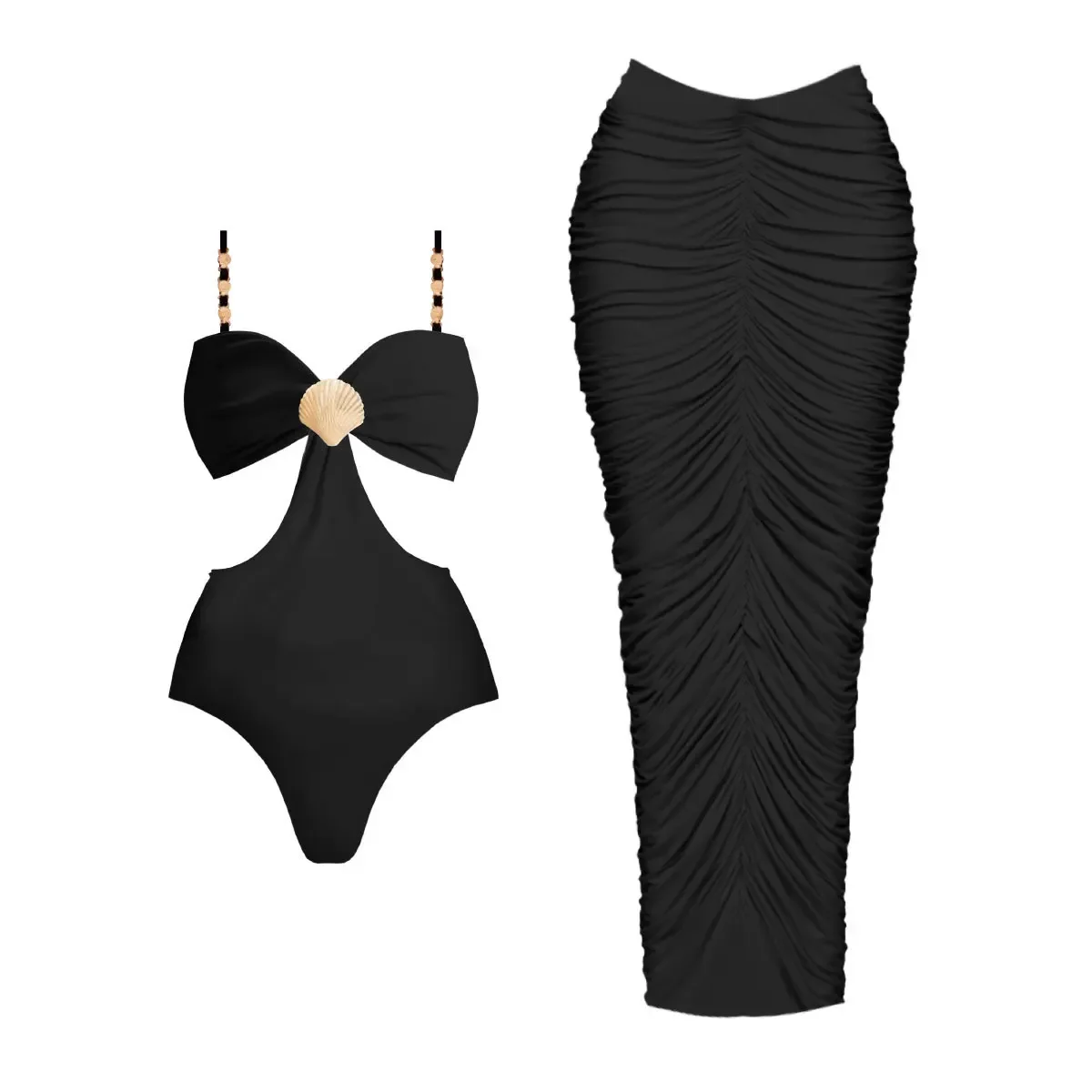 

2025 Hollow Swimsuit With Cover Up Sexy Swimwear Women Bikini Female Swimming Suit Shiny Shell Bathingsuit Bodysuit Beachwear