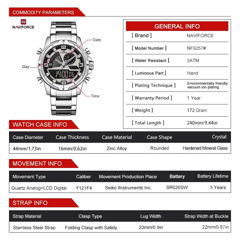 NAVIFORCE Men Dual Display Watch 3ATM Waterproof Luminous Hands Stainless Steel Strap Military Sports Wristwatch Gifts Box view 4