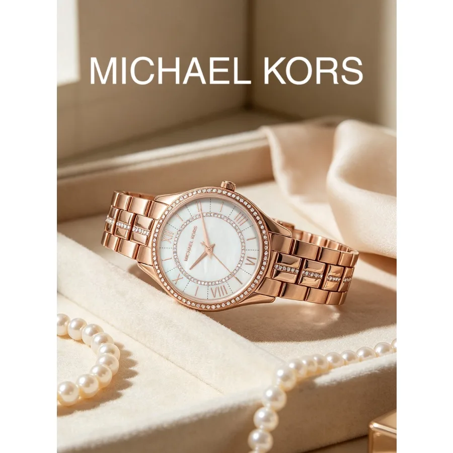 Michael Kors MK3716 Lauryn Women Quartz Watch Rose Gold Steel Band Crystal Bezel & Strap White MOP Dial Roman Numeral Wristwatch