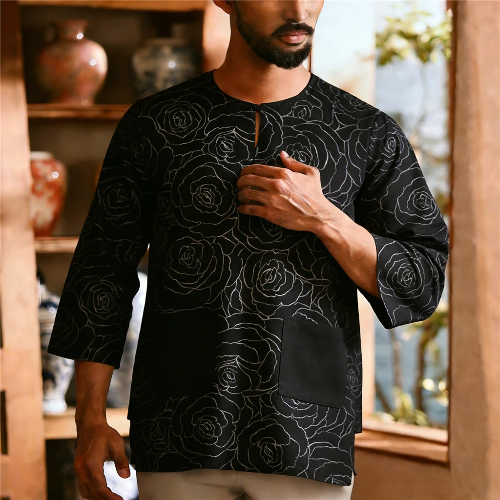 

Men's Casual 3/4 Sleeve Round Neck Shirt, Loose Fit Rose Print Blouse with Front Pockets,Style Ethnic Top Daily Vacation Wear
