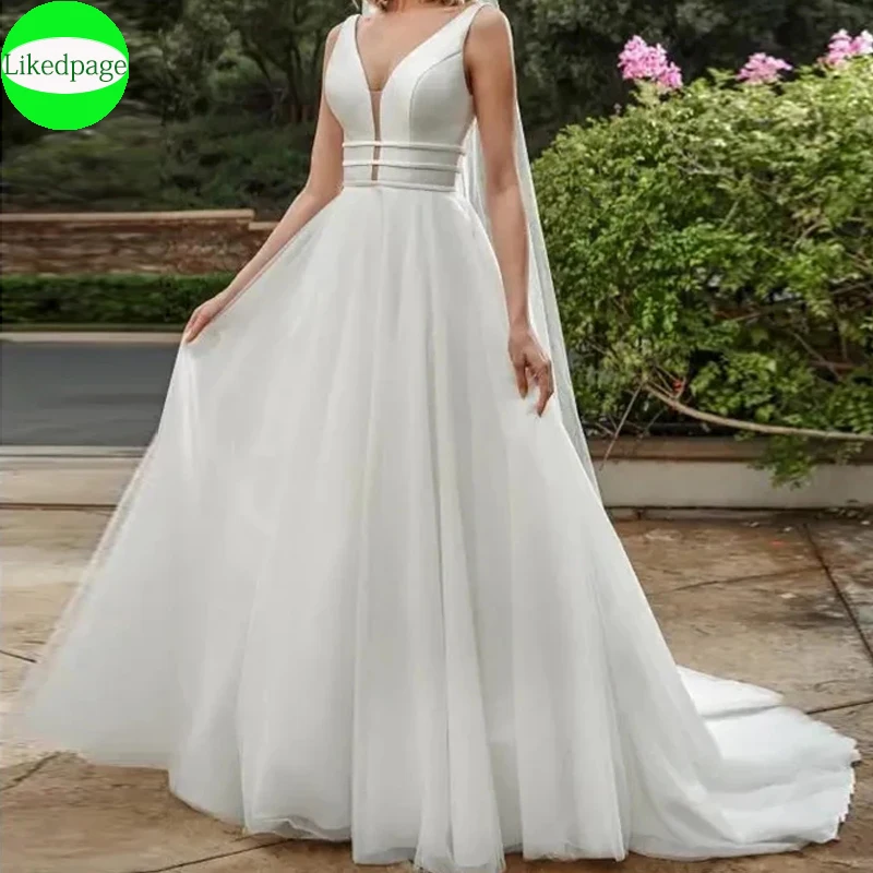 

Wedding Dresses White Satin Tulle V-neck Sleeveless Zipper Buttons Back A-line Trailing Floor length Plus size Bride Gown