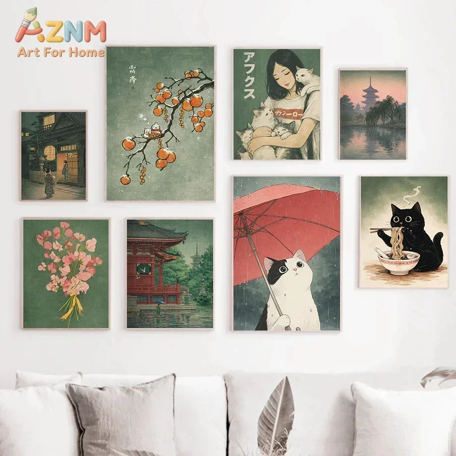 AZNM Vintage Japanese Cat Canvas Wall Art, Ukiyo-e Style Temple Persimmon Floral Anime Art Print, Unframed Canvas Painting for L