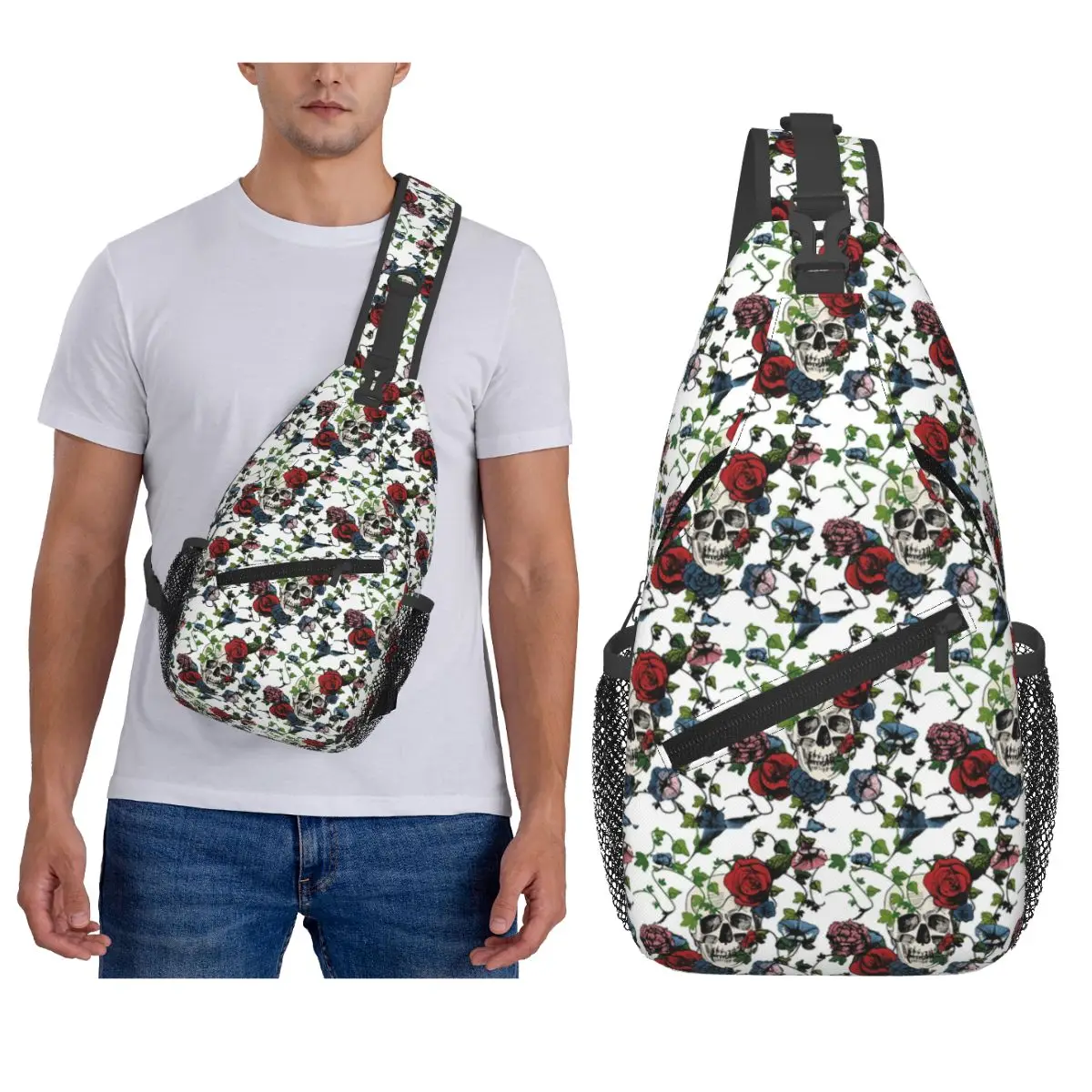 

Красная роза, сахарный череп, бриллиантовая нагрудная сумка, мужской рюкзак через плечо, нагрудная сумка, дорожный походный рюкзак, сумка на плечо