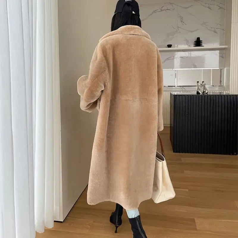 Women Casual Elegant Loose Coat Chic Solid Overcoat Female Fashion Fall Winter 100% Shearling Outerwear Oversized GT6416