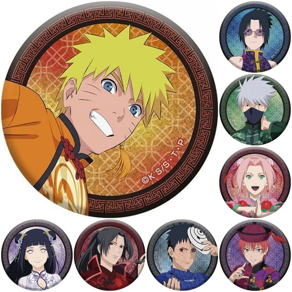 58mm Anime Uzumaki NARUTO Uchiha Sasuke Itachi Hyūga Hinata Cosplay Kostüm Abzeichen Pin SPTE Weißblech Brosche Zubehör