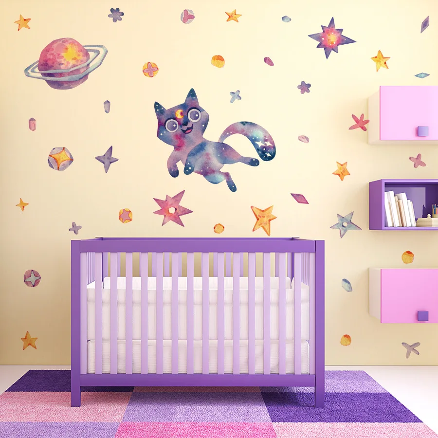 Cosmic Space Cat Wall Decals, Removable Galaxy Star & Planet Nursery Stickers