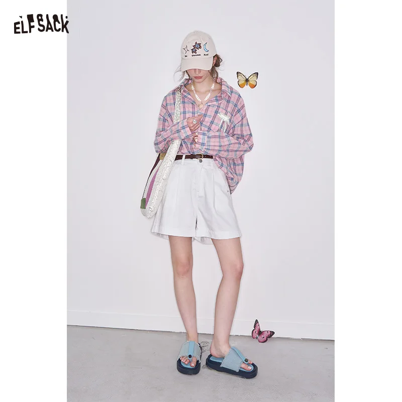 ELFSACK 2025 Spring New Arrivals Sweet Plaid Lace Bow Shirt Women Preppy Style Casual Single Breasted Top