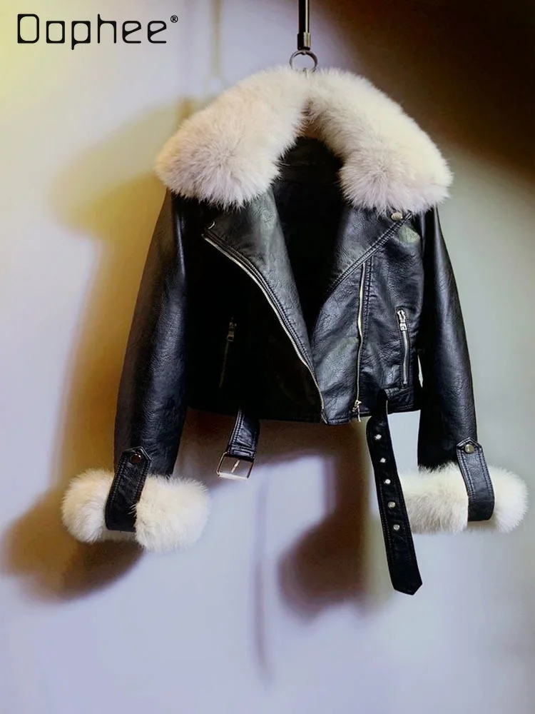 

Fox Fur Collar Long Sleeve PU Leather Jacket High Street Fashion Heavy Craft Thickened Short Jacket Women Winter New Jackets