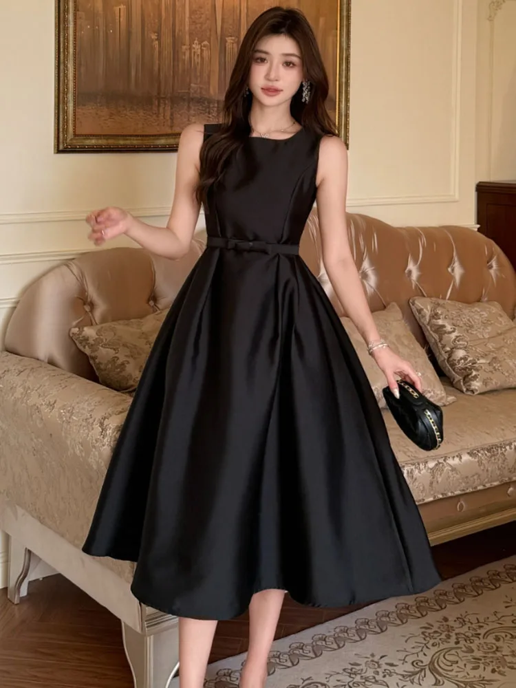 

Elegant Temperament Black Dress For Women Fashion O-Neck Slim Waist Big Swing Long Dress 2025 Summer Tank Party Dress Vestidos