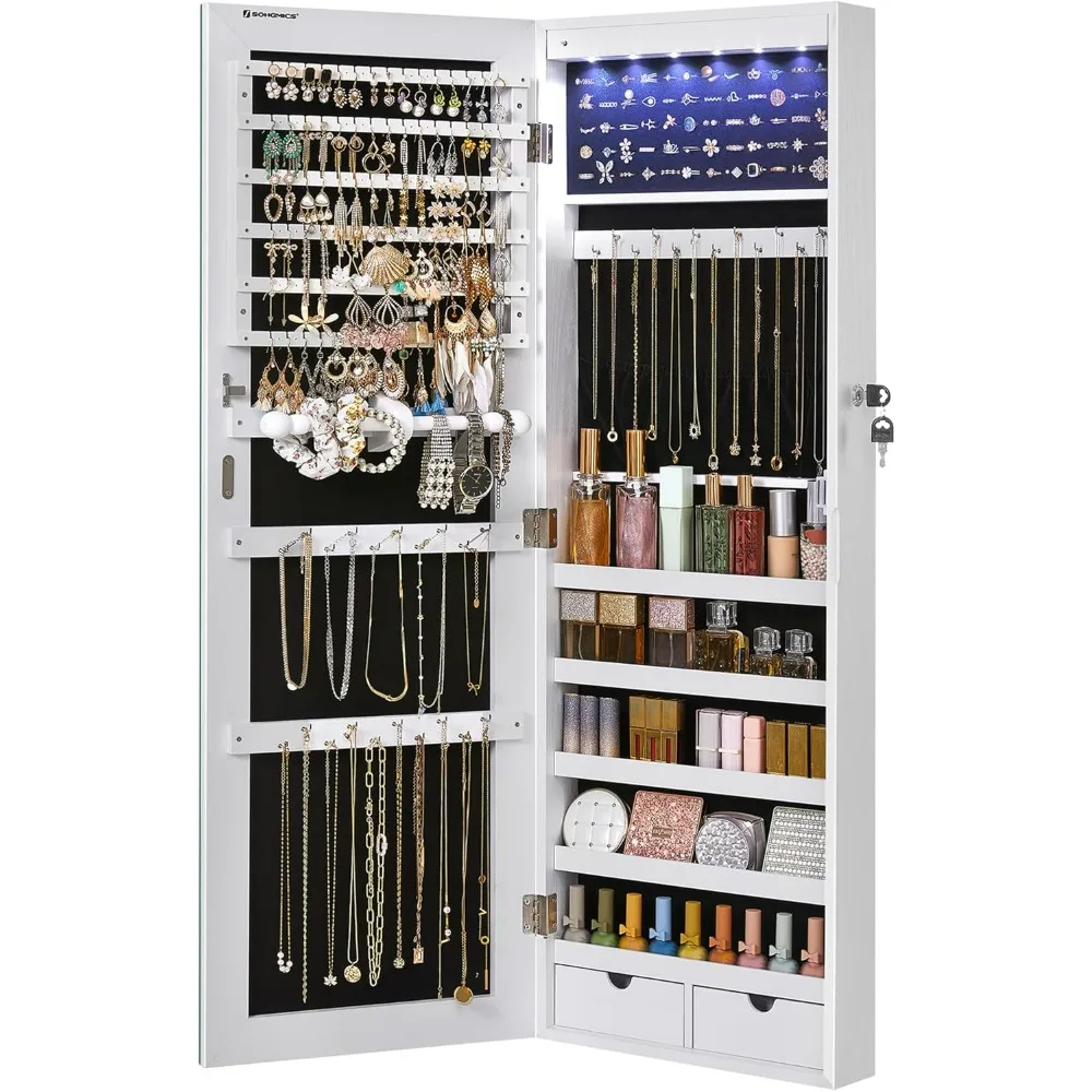 Hanging Jewelry Cabinet, Wall-Mounted Cabinet with LED Interior Lights, Door-Mounted Jewelry Organizer, Full-Length Mirror