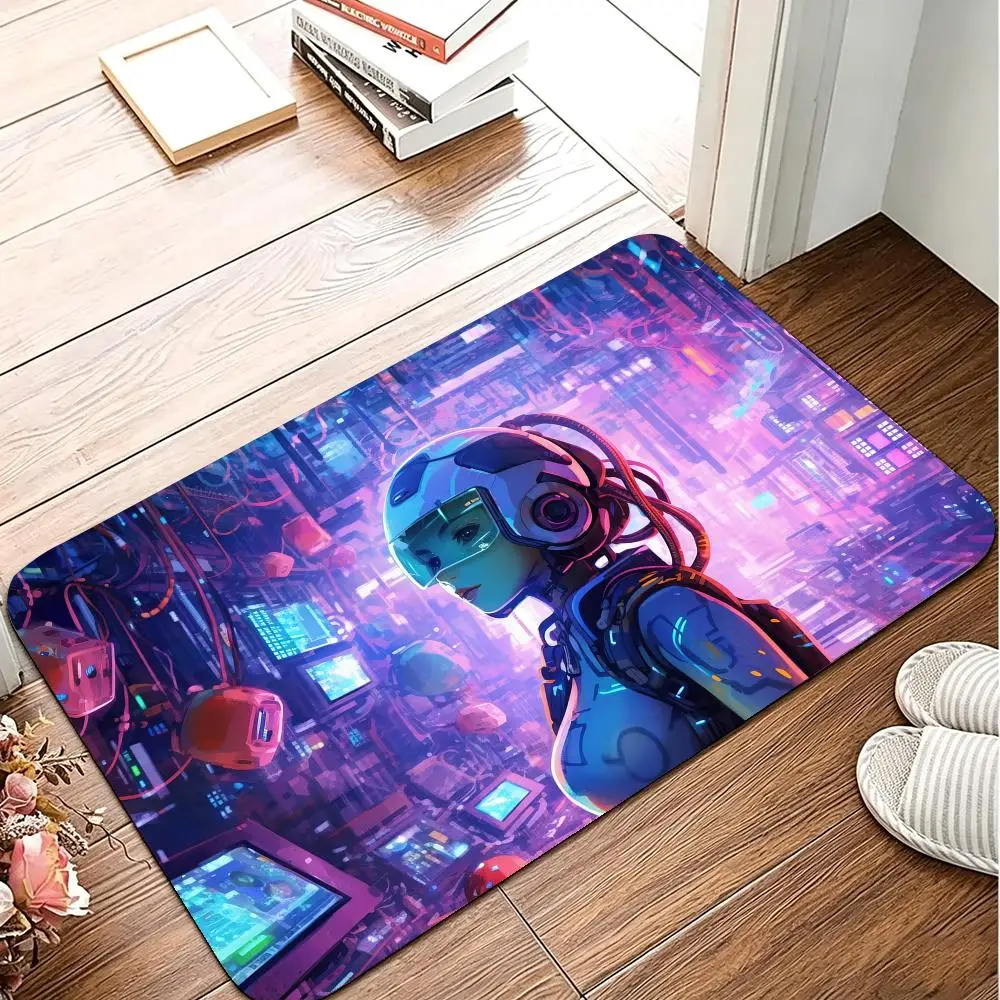 Robot Girl Coding Floor Mat Flannel Rug Soft Non Slip Washable Door Mat For Bathroom Bedroom Kitchen Home Decor