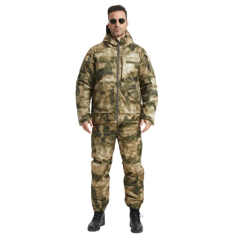 Mens Winter Camo Soft Shell Set Mens Outdoor Hiking Military Tactical 2-piece Set (Jacket+Pants) Thicken Warm Windproof Suits