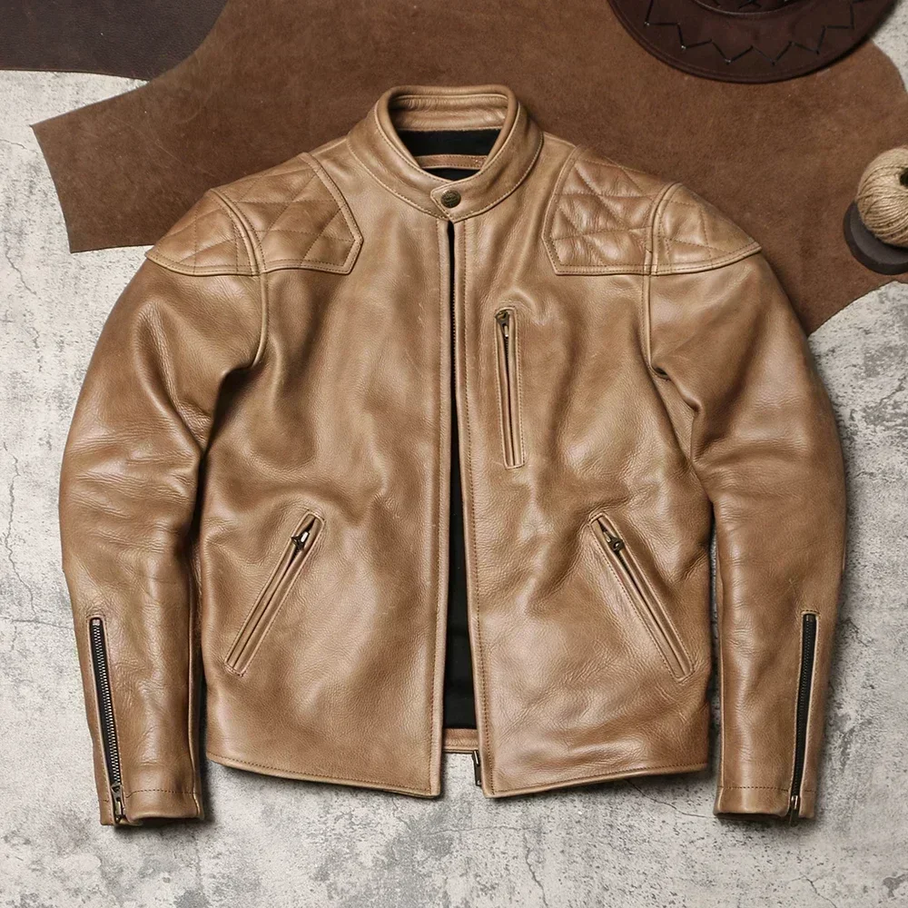 

Мужская тяжелая мотоциклетная куртка из натуральной кожи с вощеной вощеной воротником-стойкой Tailor Brando в стиле ретро