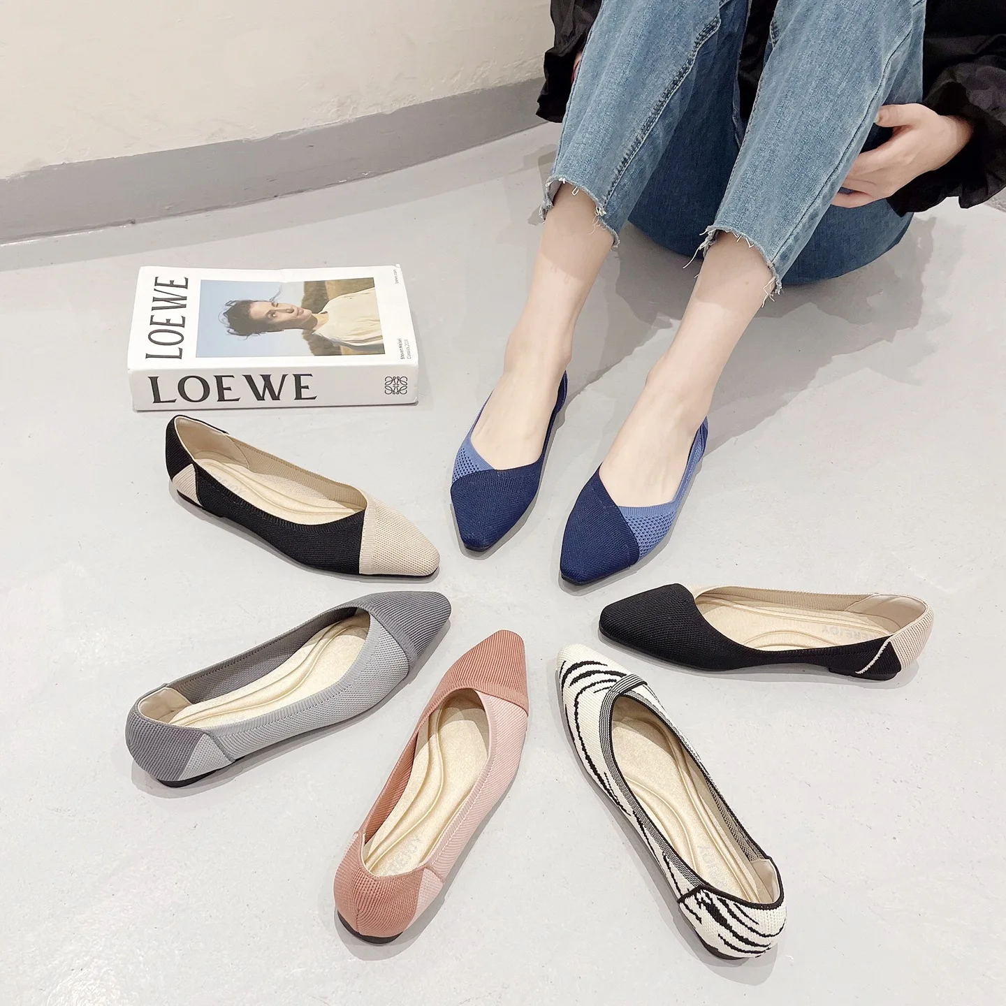 

Women's Flat Shoes 2024 New Knitted Breathable Square Toe Rubber Sole Soft Sole Comfortable Casual Shoes