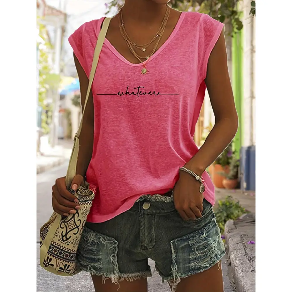 

Women's Vest Summer Relaxed Breathable Top Personality Letter Print Fashion Clothing V-Neck Short Sleeve Women's Vest 2024 New